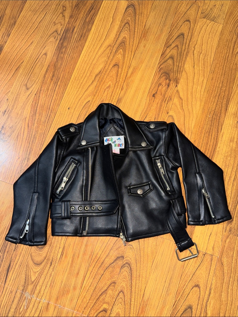 Kids Black Faux Leather Biker Jacket with Belt